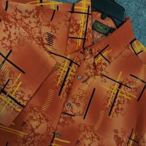 Monzini Shirt Mens Large Orange Geometric Print Short Sleeve Button Up USA
